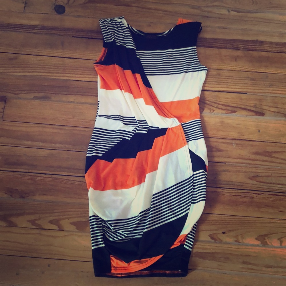Orange and black striped faux wrap dress
